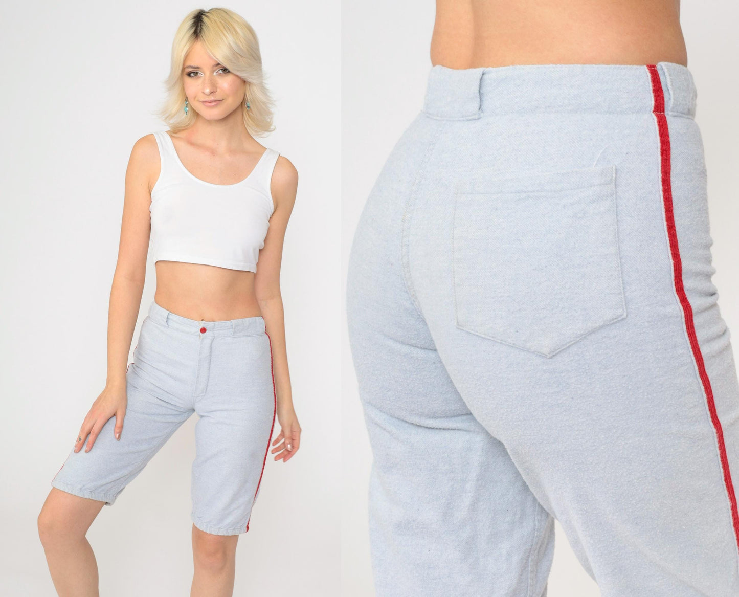 60s Athletic Shorts Grey-Blue Red Side Stripes High Waist Extra Small