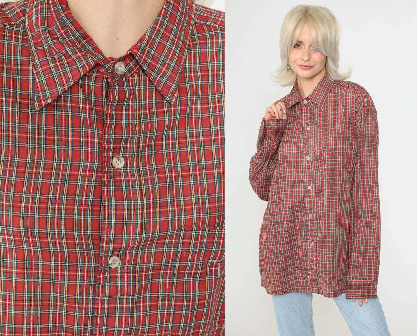 80s Red Plaid Button-Up Shirt Tartan Checkered Long Sleeve Extra Large XL