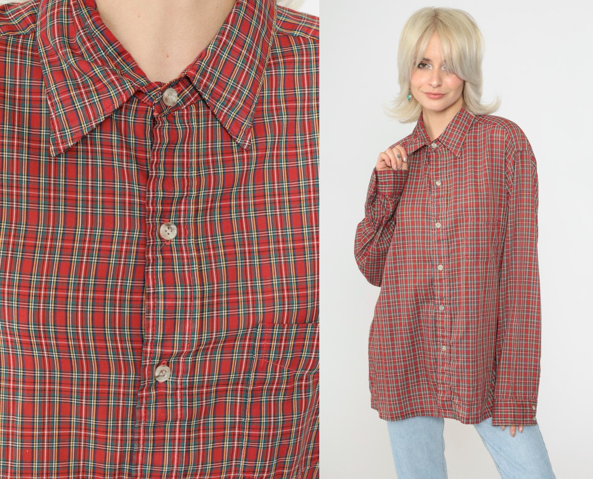 80s Red Plaid Button-Up Shirt Tartan Checkered Long Sleeve Extra Large XL