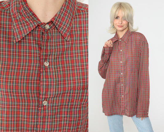 80s Red Plaid Button-Up Shirt Tartan Checkered Long Sleeve Extra Large XL