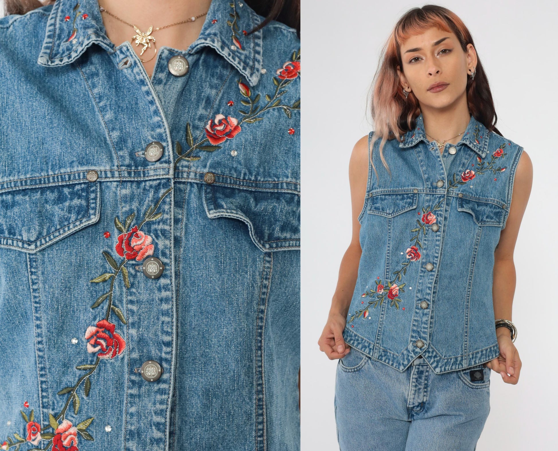 90s Bill Blass Floral Embroidered Denim Vest Blue Rhinestone Medium