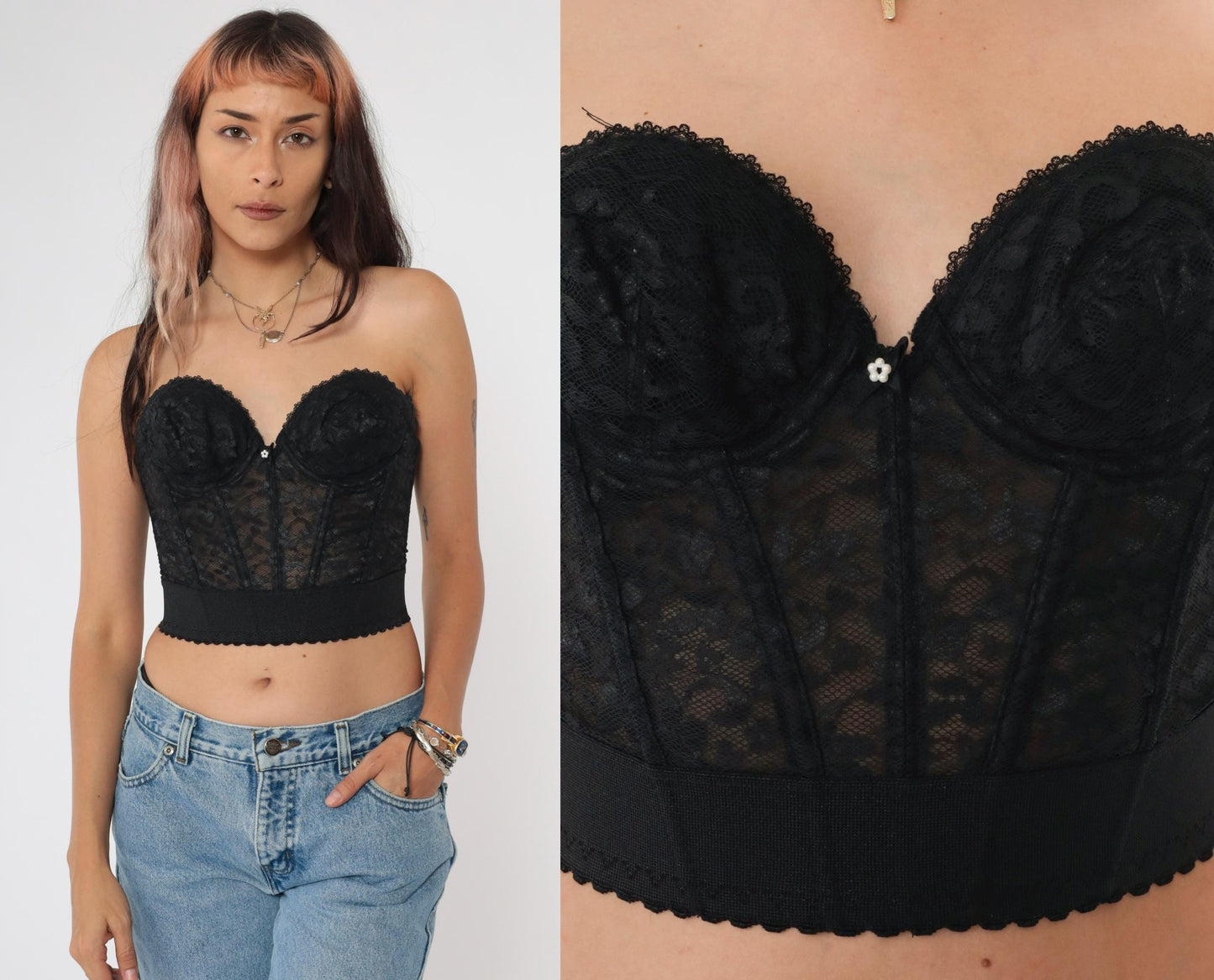 80s Black Lace Bustier Corset Boned Strapless Sweetheart Neckline 34A