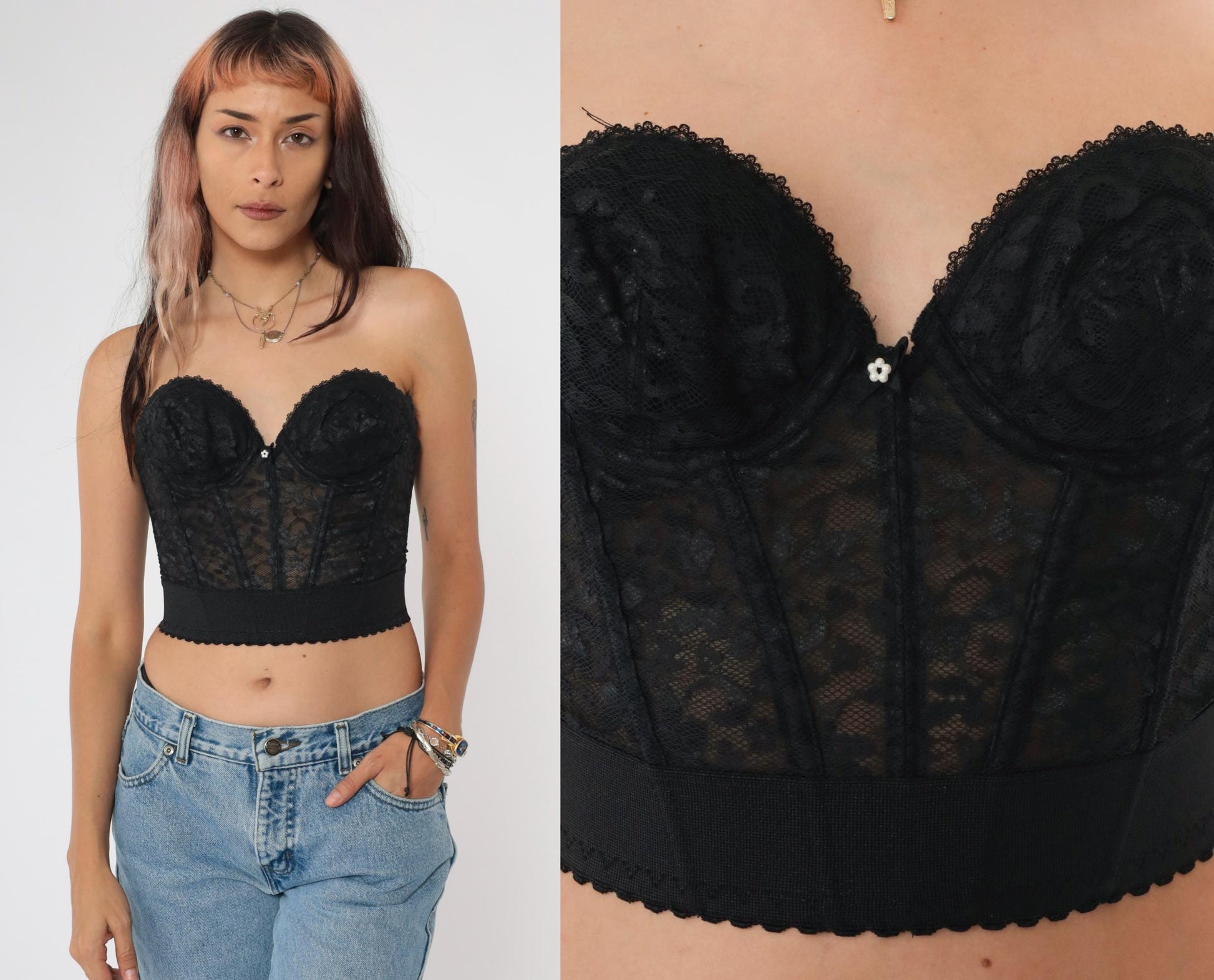 80s Black Lace Bustier Corset Boned Strapless Sweetheart Neckline 34A