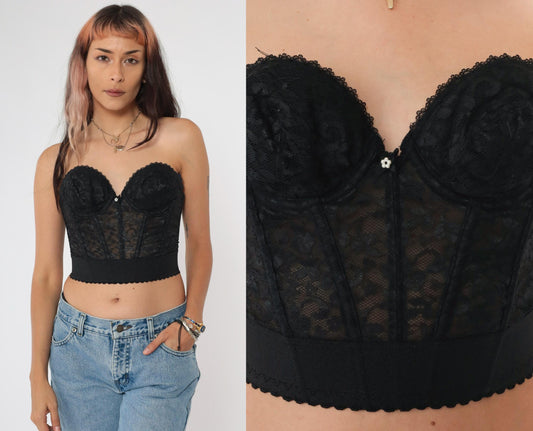 80s Black Lace Bustier Corset Boned Strapless Sweetheart Neckline 34A