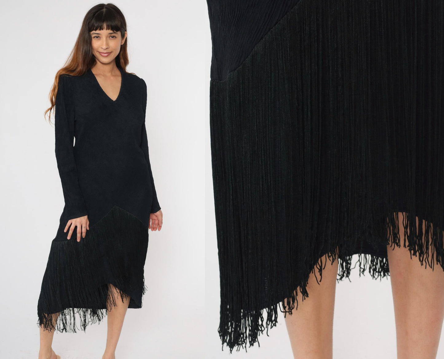 80s Black Fringe Midi Dress V-Neck Long Sleeve Ribbed Sheath Large L