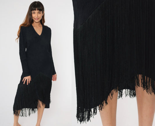 80s Black Fringe Midi Dress V-Neck Long Sleeve Ribbed Sheath Large L