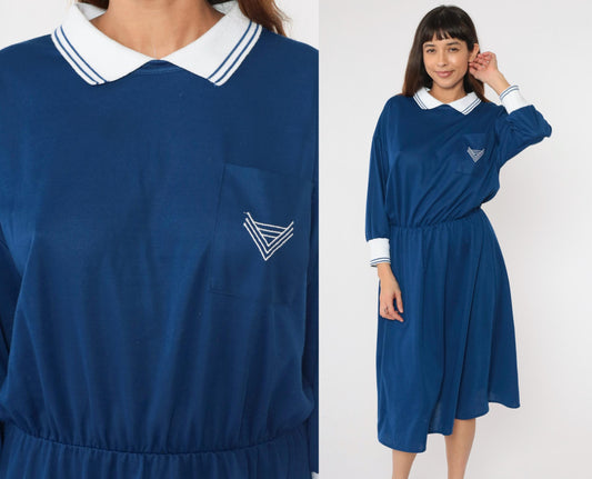 80s Nautical Midi Dress Chevron Crest Collar Long Sleeve Dark Blue Large