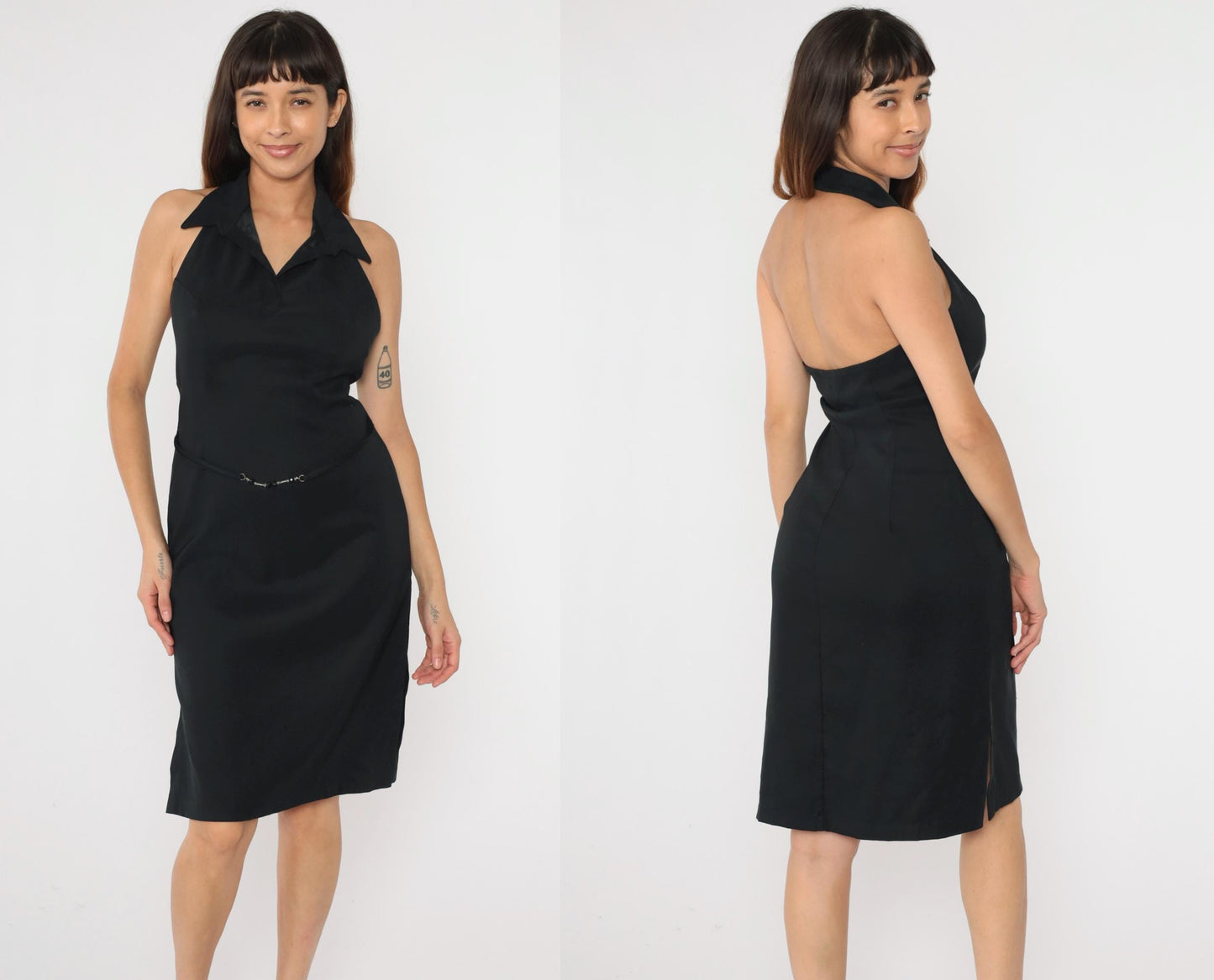 90s Black Halter Sheath Dress Open Back Midi Rampage Size 9