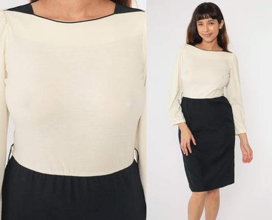 70s Color Block Dress Cream Black Boatneck Puff Sleeve Midi Extra Small
