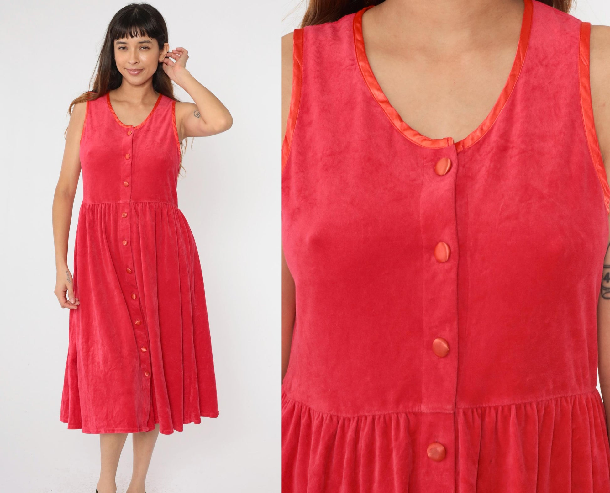 90s Red Velour Button-Up Midi Dress Sleeveless High Waist Medium Petite