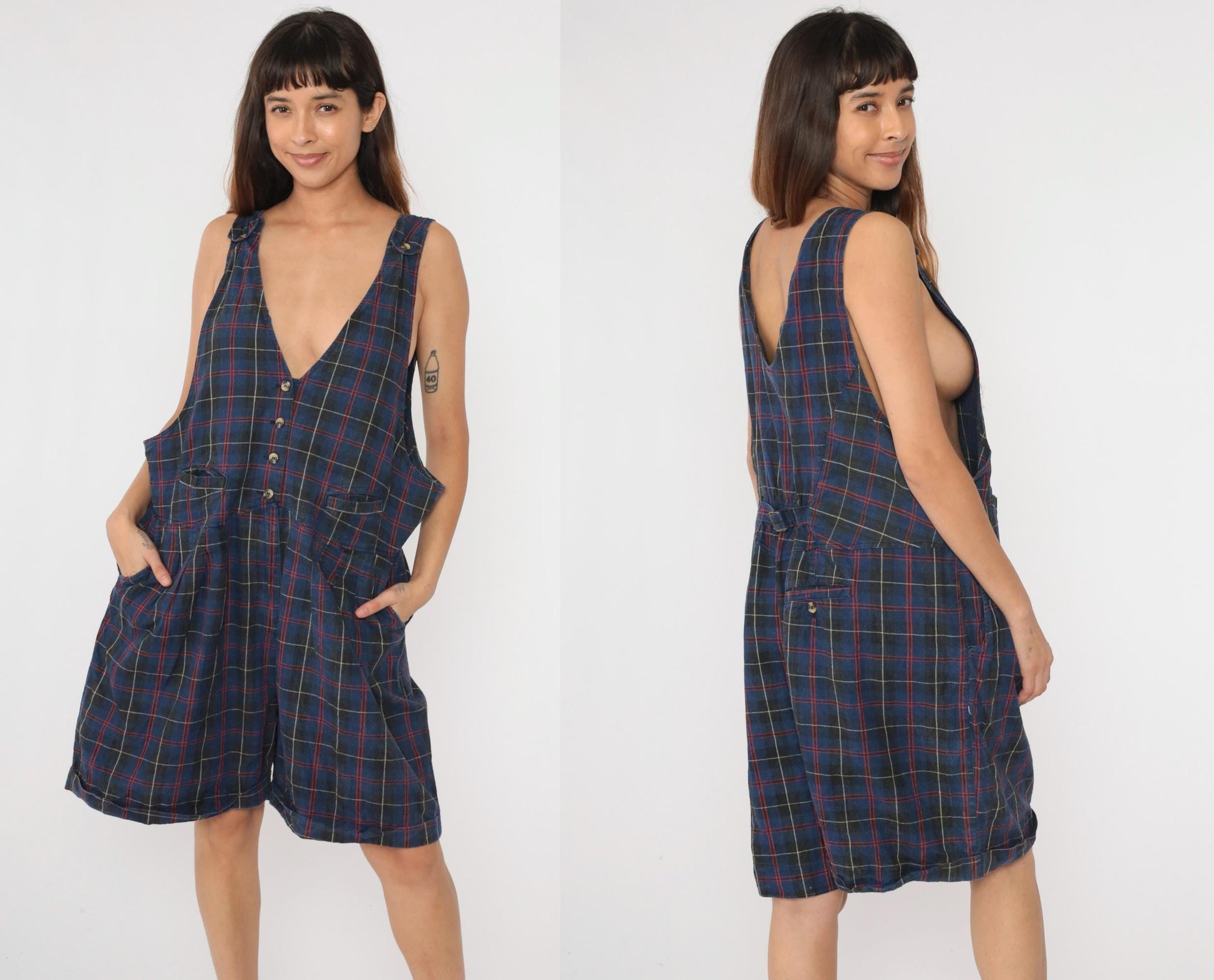 90s Catch the Spirit Checkered Romper Plus Size Charcoal Blue Deep V Neck 26W