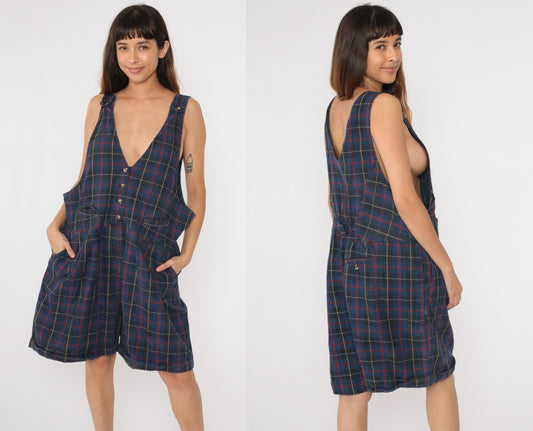 90s Catch the Spirit Checkered Romper Plus Size Charcoal Blue Deep V Neck 26W