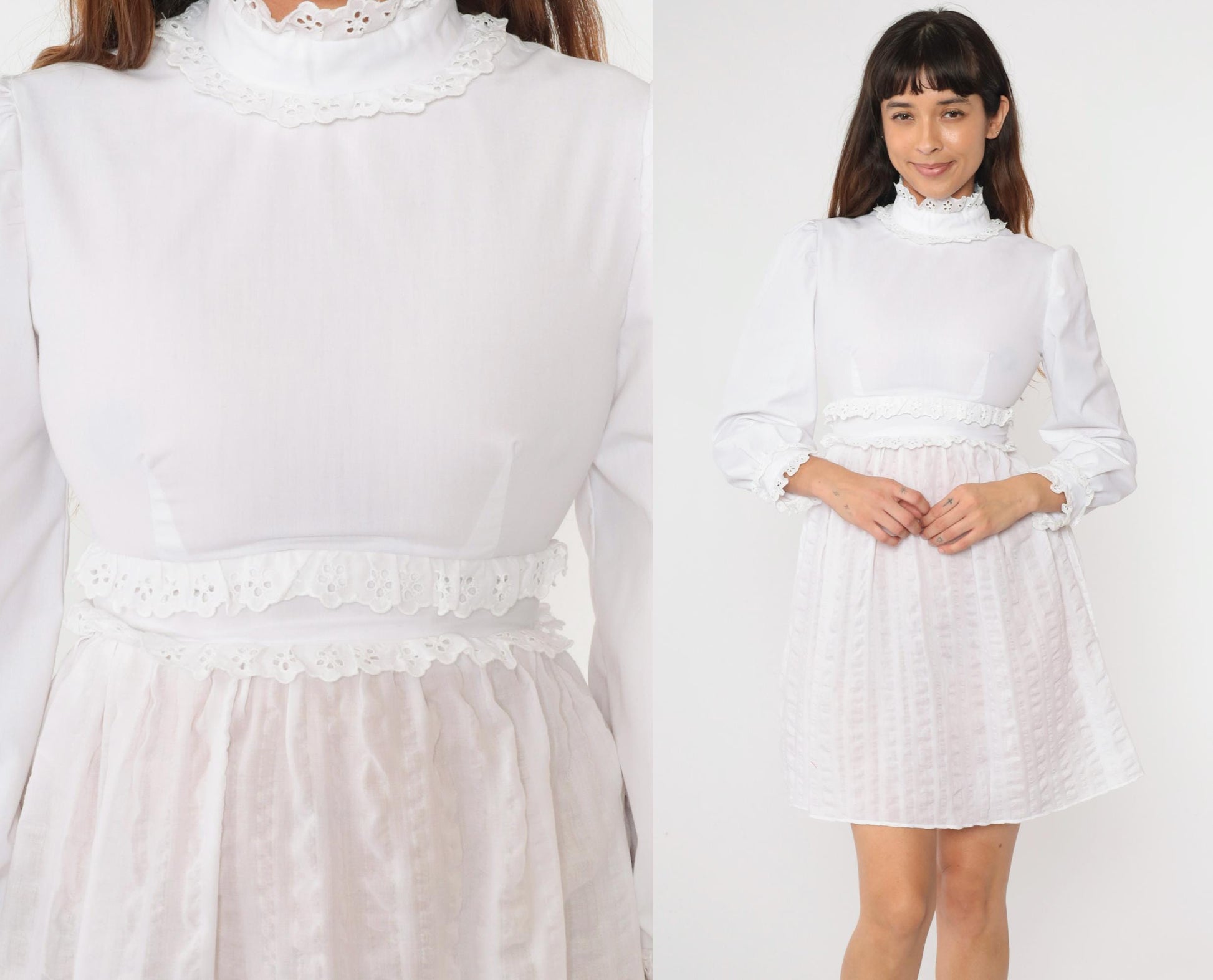 70s White Eyelet Lace Babydoll Dress Empire Waist Puff Sleeve Mini Small