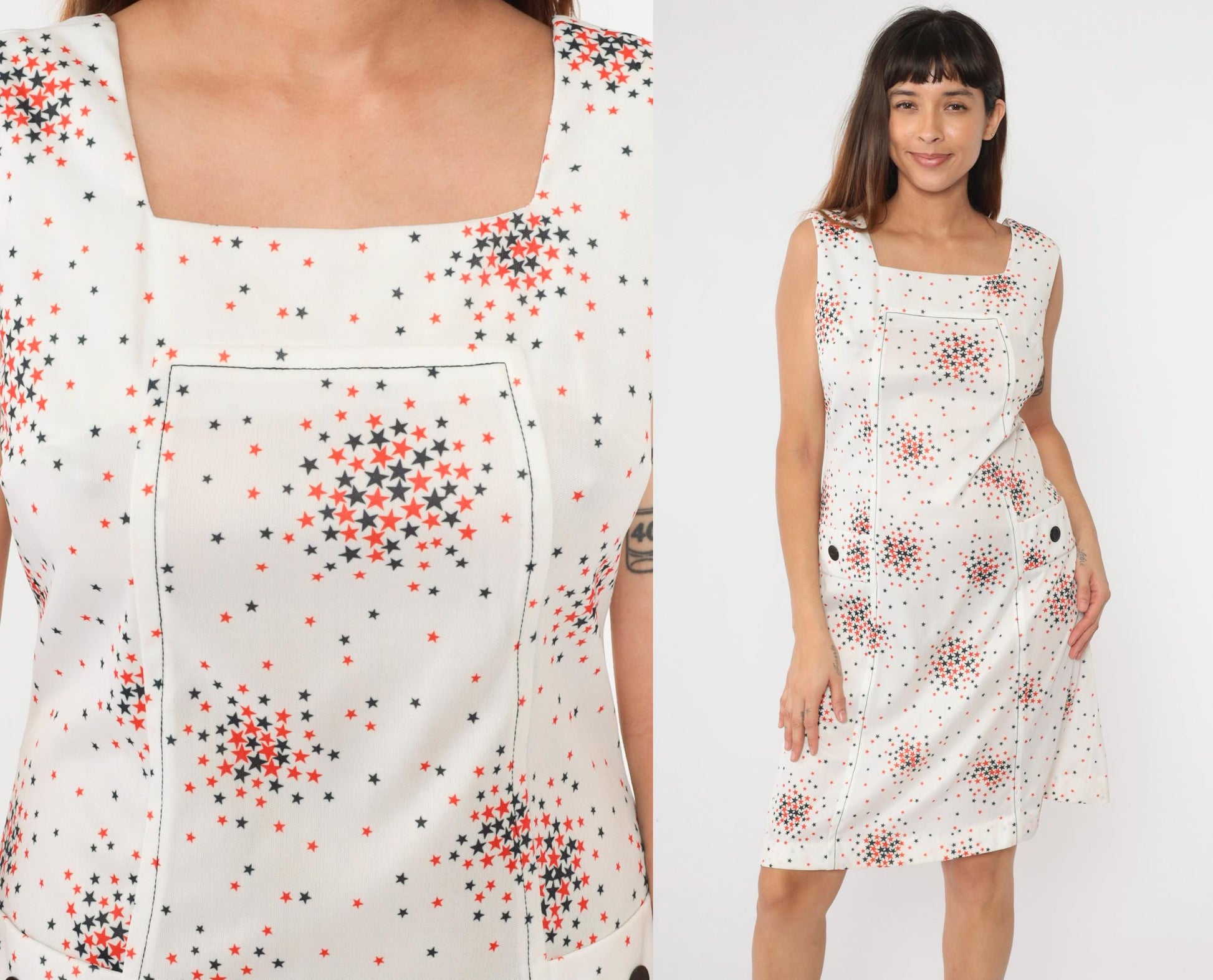 1960s Star Print Shift Dress Square Neck Sleeveless White Black Orange Pockets Medium