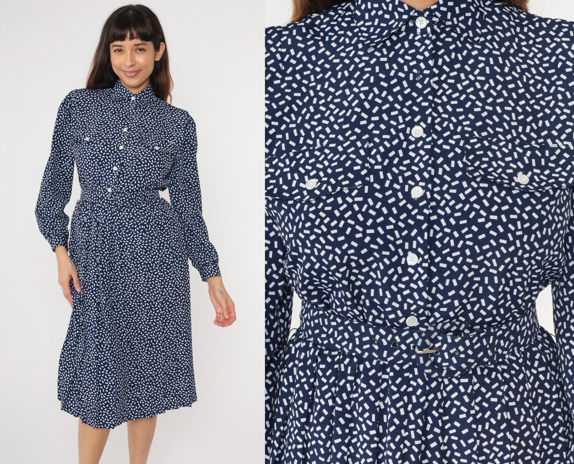 80s Appleseed's Petite Shirtdress Confetti Print Midi Dark Blue White