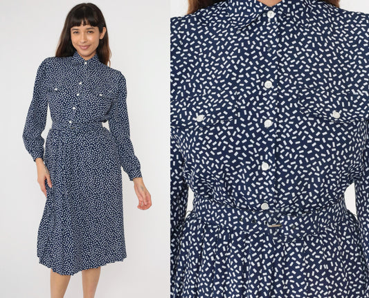 80s Appleseed's Petite Shirtdress Confetti Print Midi Dark Blue White