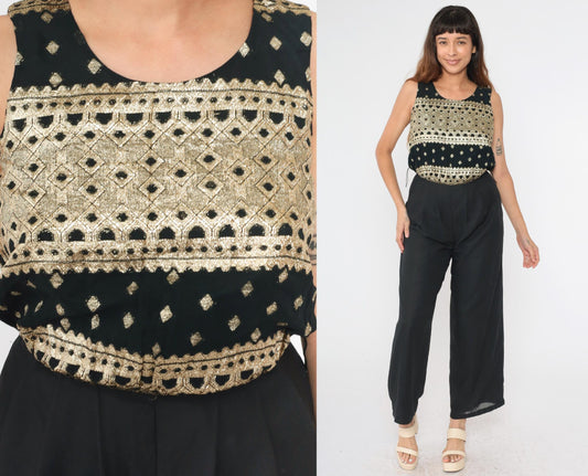 90s Althuser Black Chiffon Jumpsuit Gold Metallic Embroidery Wide Leg Small