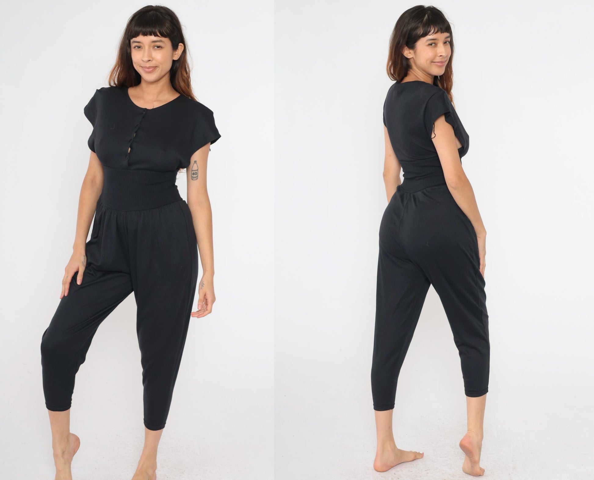 80s Black Button-Up Jumpsuit High Waist Dolman Sleeve Cropped Tapered Small