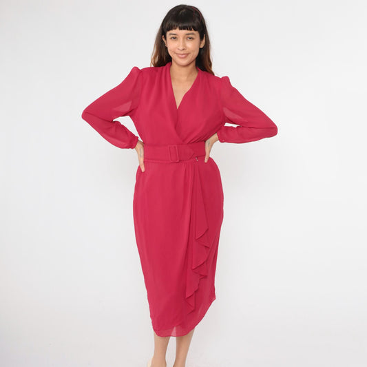 80s Miss Elliette Fuchsia Chiffon Midi Dress Puff Sleeve High Waist Medium