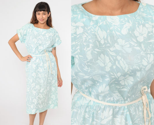 80s Light Blue Floral Midi Dress High Waisted Button Side Slit Dolman Sleeve Large