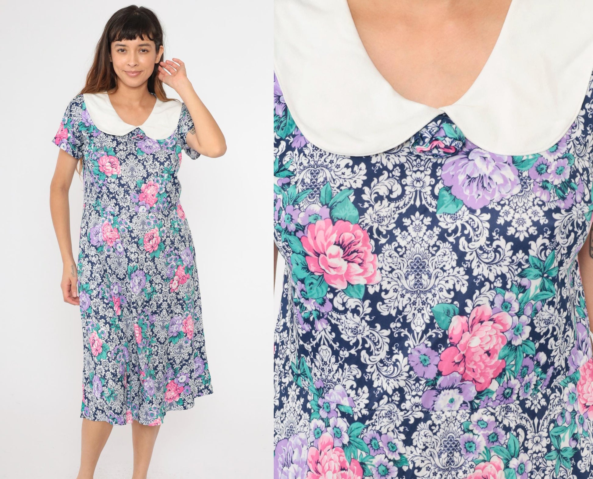 80s Floral Midi Dress Peter Pan Collar High Waisted Pockets Blue Pink Purple Large