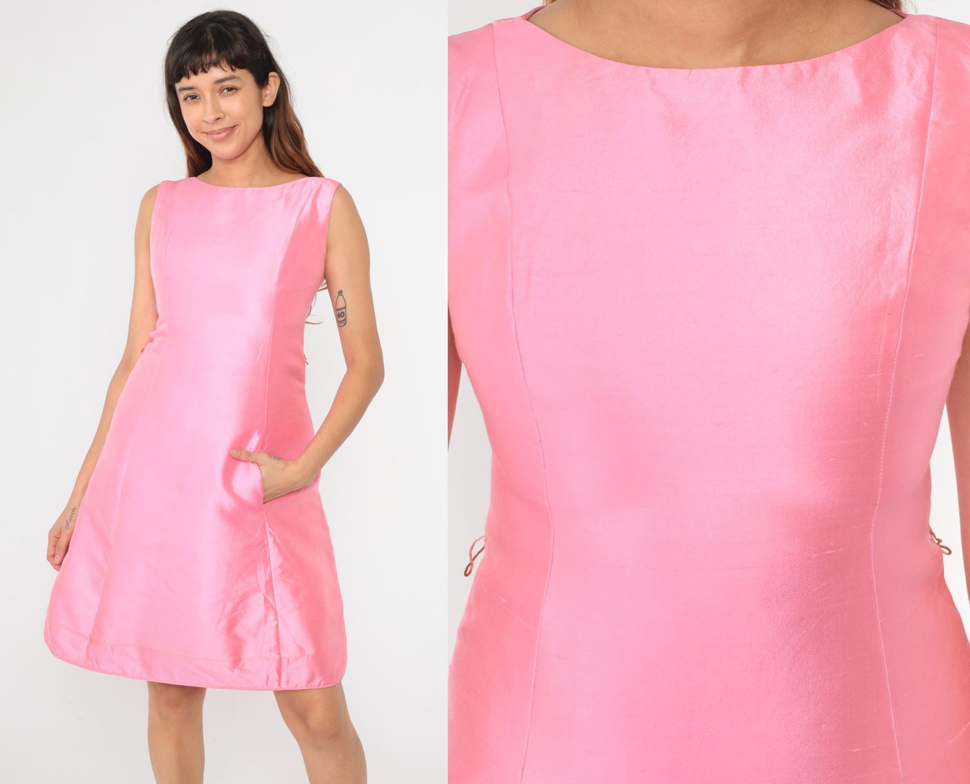 60s Gino Charles Pink Shantung Mini Dress Boat Neck Shift Small