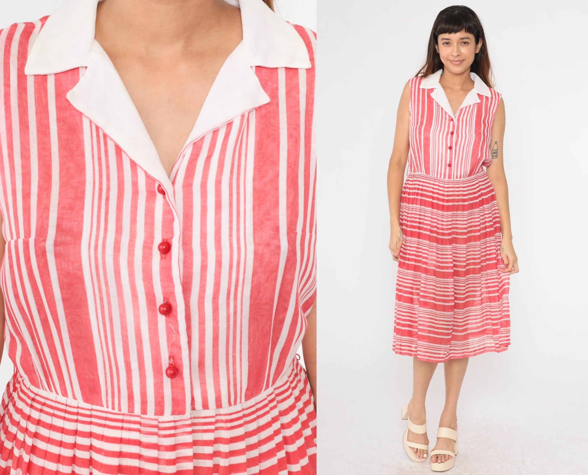 70s Red White Striped Midi Shirtdress Button Up High Waisted Pleated Medium