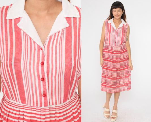 70s Red White Striped Midi Shirtdress Button Up High Waisted Pleated Medium