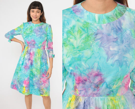 70s Tie Dye Dress High Waist Bow 3/4 Sleeve Midi Blue Green Pink Small
