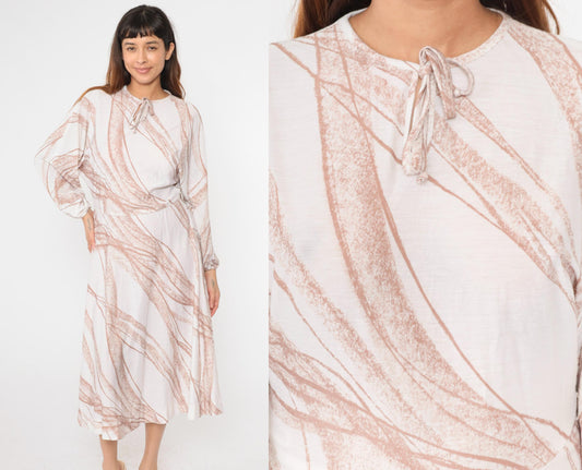 70s Bleeker Street Midi Dress Dolman Sleeve Keyhole Bow Neck White Brown Stripe Small Medium