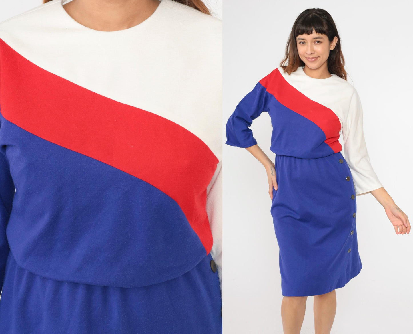 80s Leslie Fay Petites Colorblock Midi Dress Blue Red White Dolman Sleeve Small