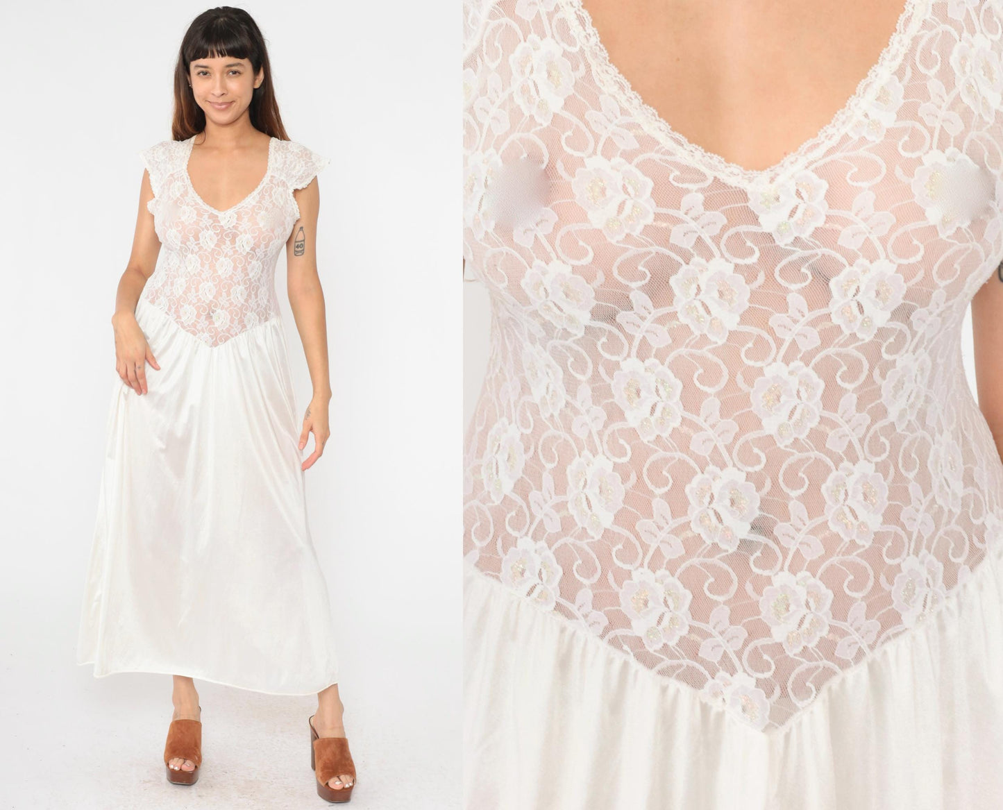 80s White Lace Iridescent Maxi Nightgown Cap Sleeve Low Basque Waist Medium