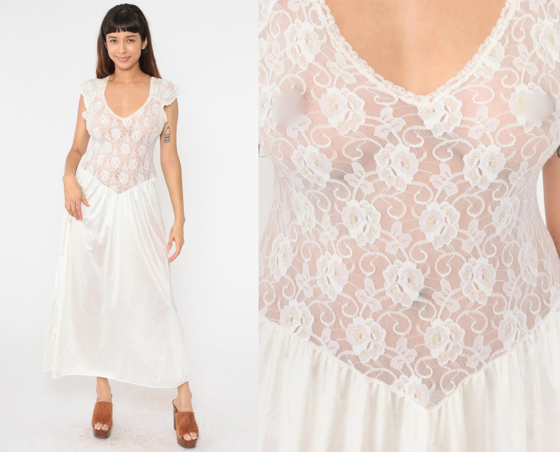 80s White Lace Iridescent Maxi Nightgown Cap Sleeve Low Basque Waist Medium