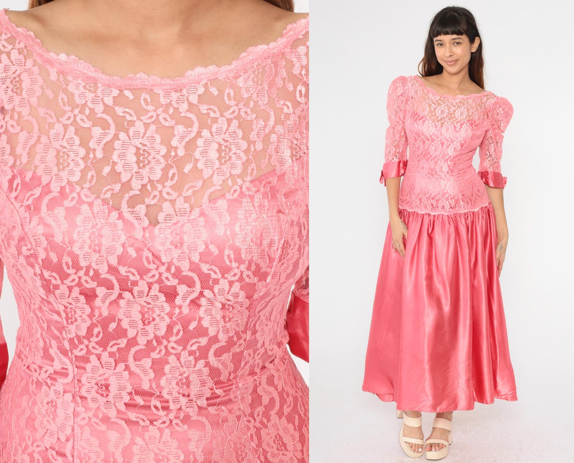 80s Pink Satin Lace Puff Sleeve Maxi Dress Drop Waist Low Back Small