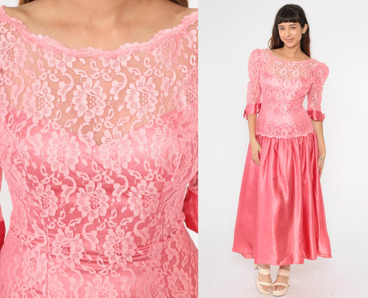 80s Pink Satin Lace Puff Sleeve Maxi Dress Drop Waist Low Back Small