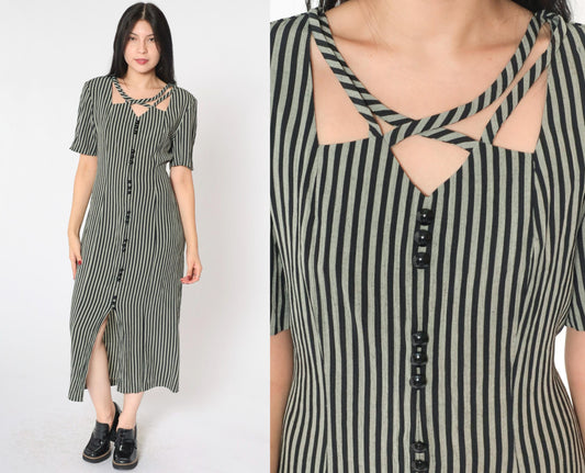 90s Kathie Lee Striped Cage Neck Midi Dress Black Grey Button Up Medium 8