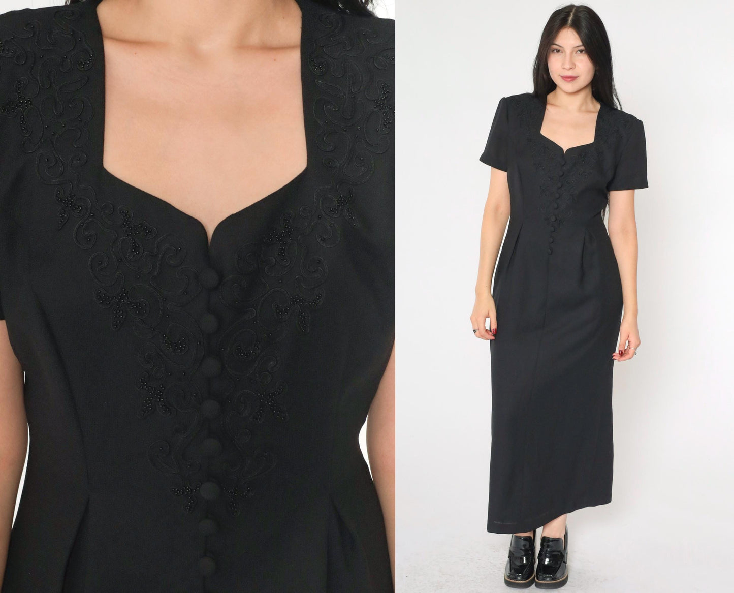 90s Black Soutache Beaded Maxi Dress Button Front Short Sleeve Medium
