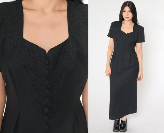 90s Black Soutache Beaded Maxi Dress Button Front Short Sleeve Medium