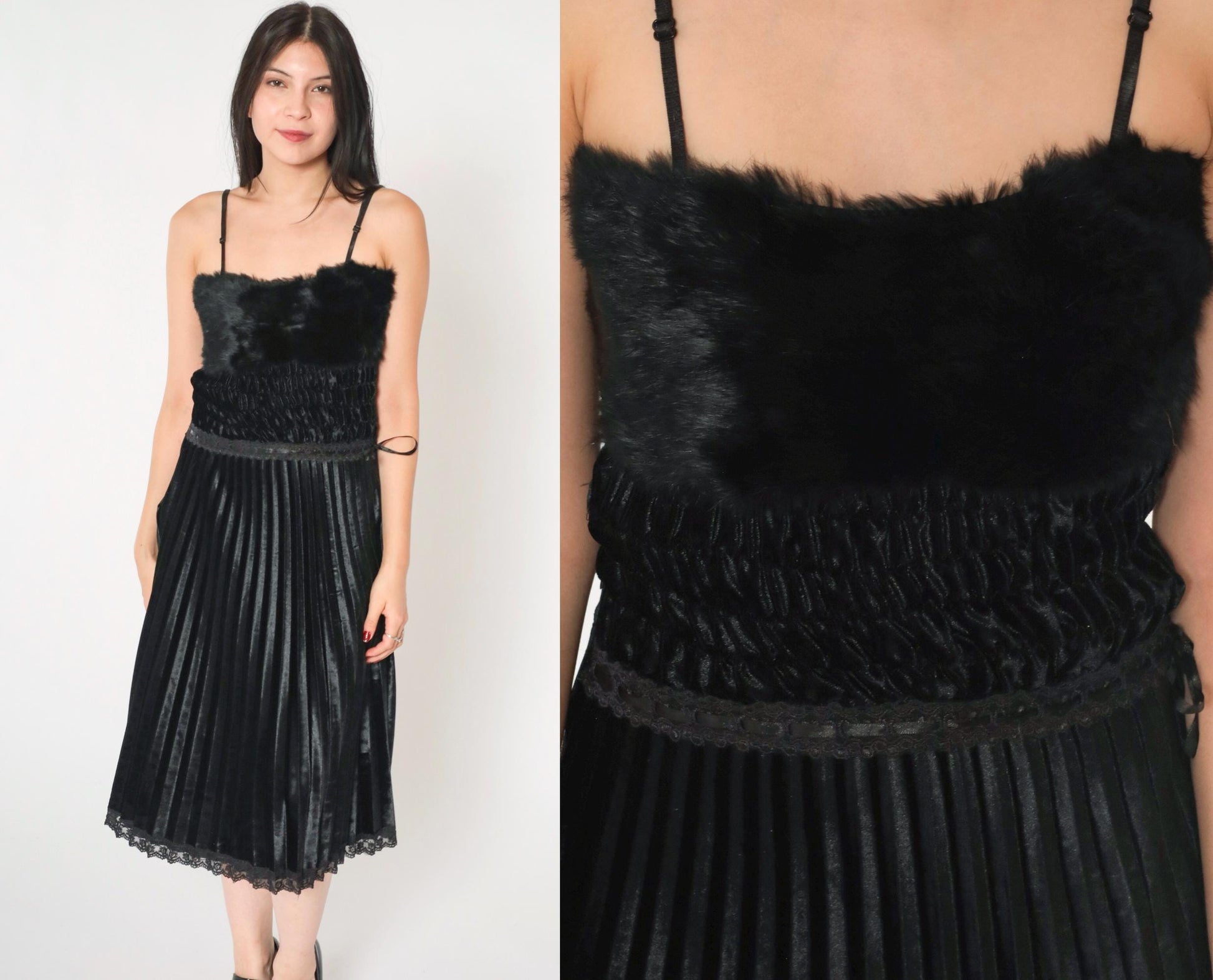 Y2K Black Velour Midi Dress Faux Fur Lace Spaghetti Strap Extra Small XS