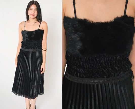 Y2K Black Velour Midi Dress Faux Fur Lace Spaghetti Strap Extra Small XS