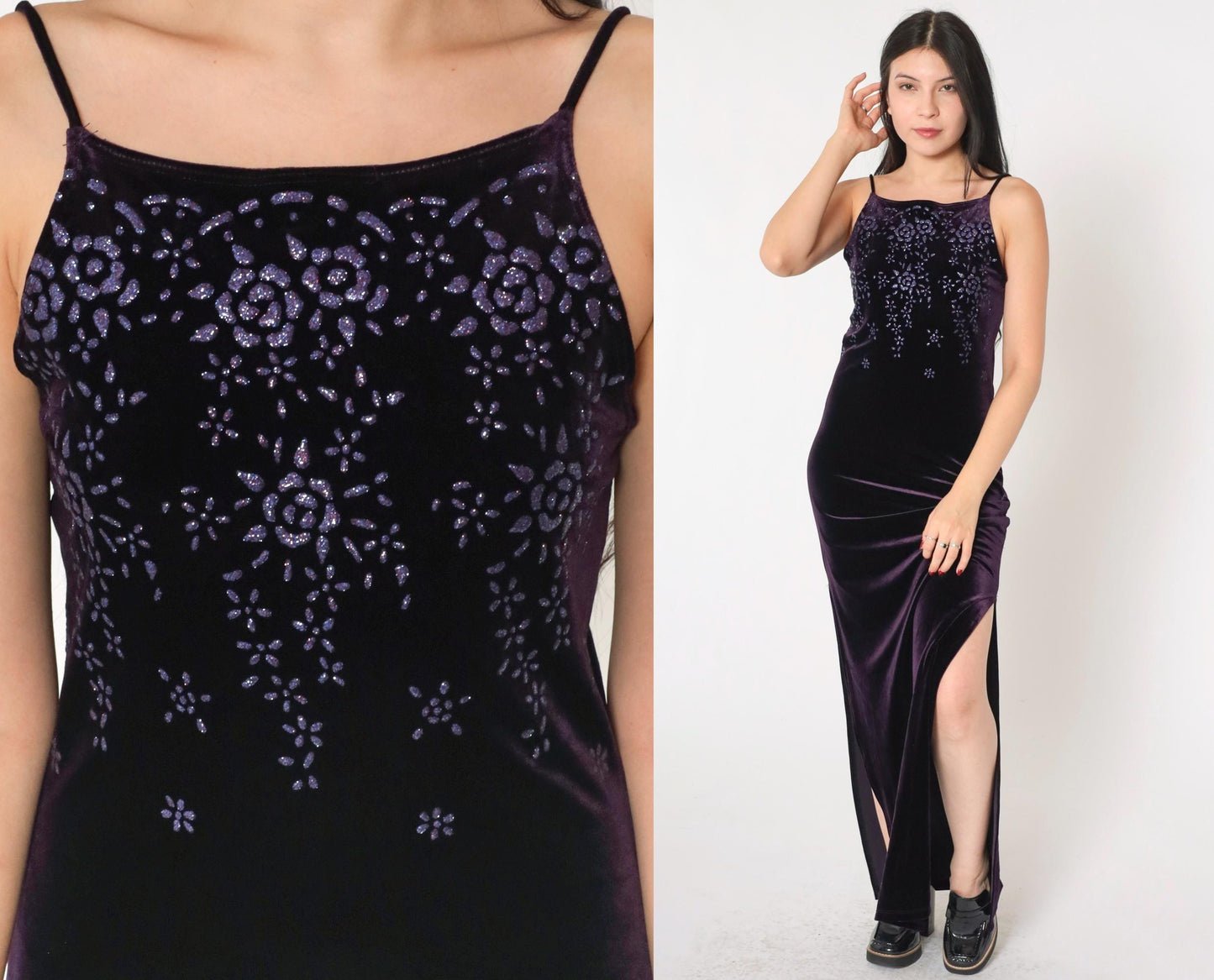 90s Purple Velvet Maxi Dress Glitter Floral Spaghetti Strap Side Slit Small