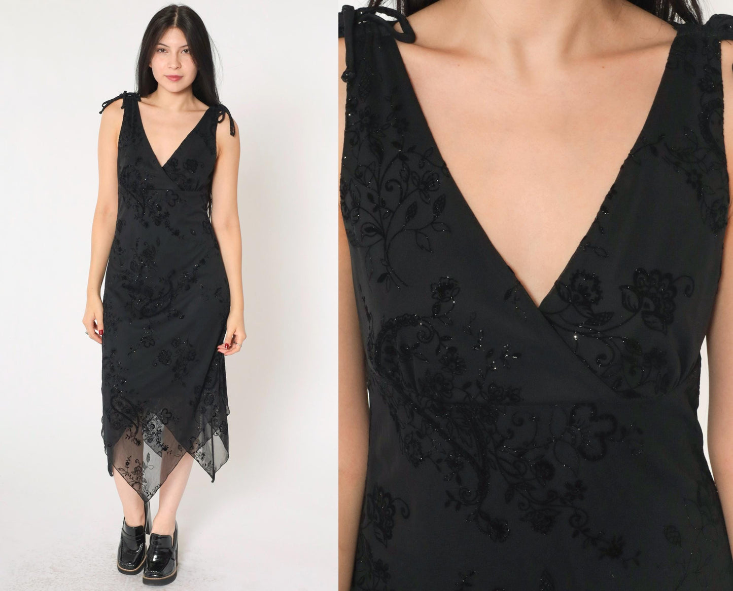 90s City Triangles Sparkly Floral Midi Dress Black Empire Waist V Neck Small