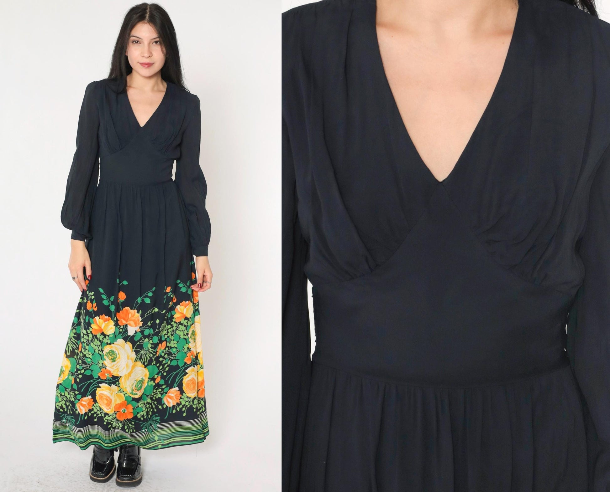 70s Vera Mont Paris Black Floral Maxi Dress V-Neck High Waist Small