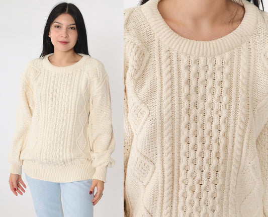 90s American Eagle Outfitters Cable Knit Sweater Cream Diamond Crewneck Extra Large
