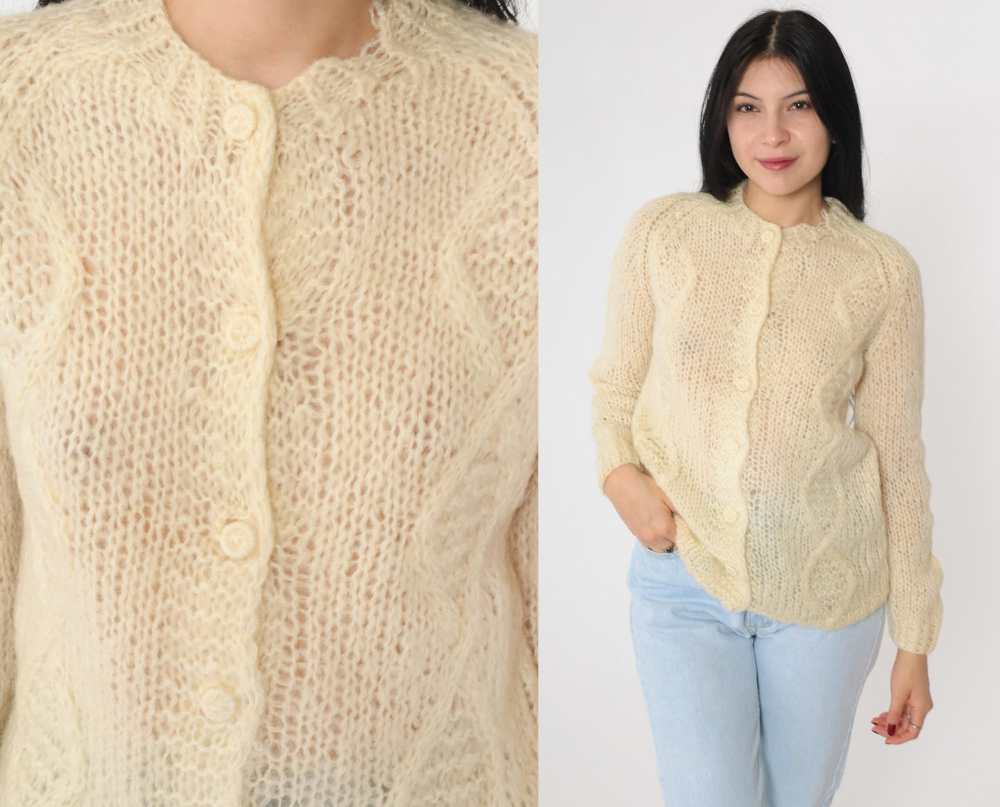 70s Cream Cable Knit Cardigan Wool Button-Up Sweater Small