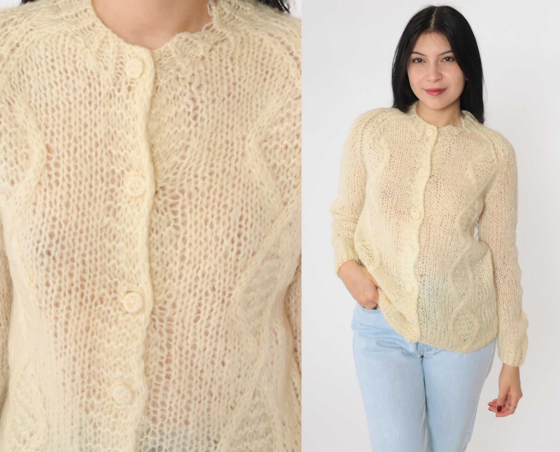 70s Cream Cable Knit Cardigan Wool Button-Up Sweater Small