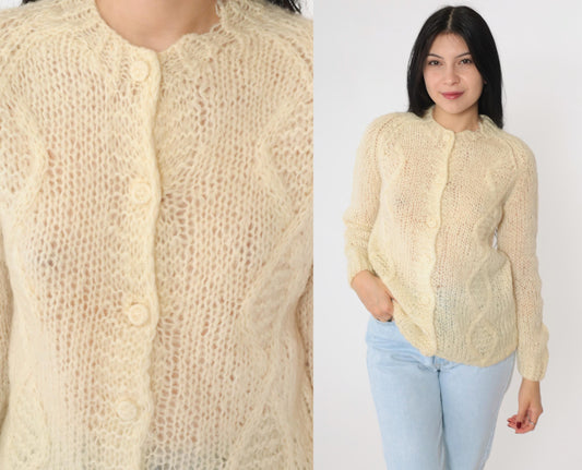 70s Cream Cable Knit Cardigan Wool Button-Up Sweater Small