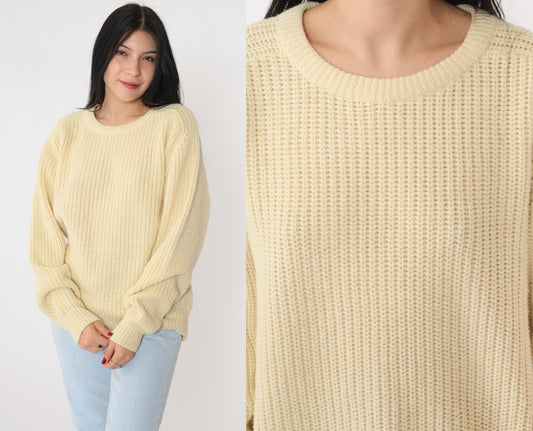 80s Cream Textured Knit Raglan Sweater Crewneck Pullover Medium Large