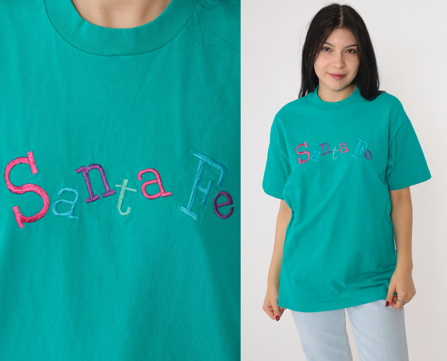 00s Santa Fe Embroidered Graphic T-Shirt Teal Crewneck Cotton Large
