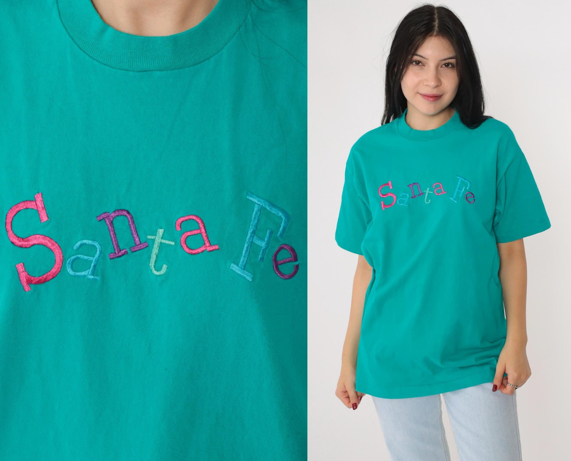00s Santa Fe Embroidered Graphic T-Shirt Teal Crewneck Cotton Large